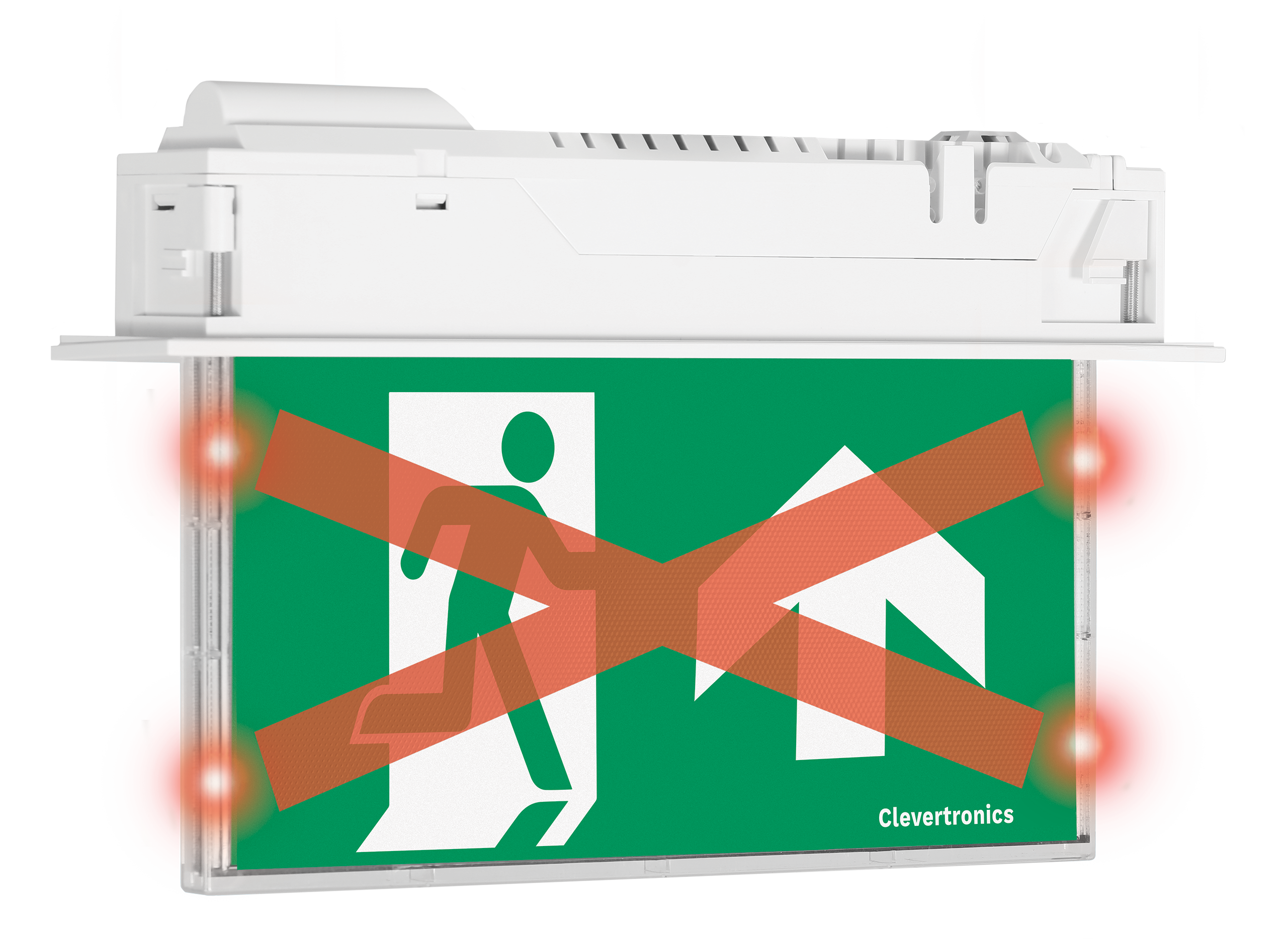 CleverEvac Dynamic Red X Exit, Recessed Mount, CLP, Running Man Arrow Up, Single Sided